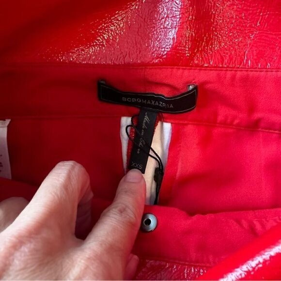 Bcbgmaxazria Size Xxs Red Faux Leather Fold Over Waist Peplum Pants - Picture 9 of 12